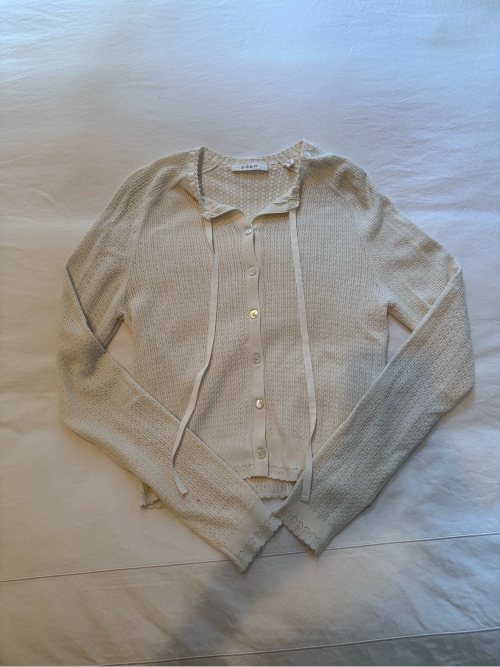 Doen Cream Ribbed Button Cardigan with Neck Ties - Picture 2 of 3
